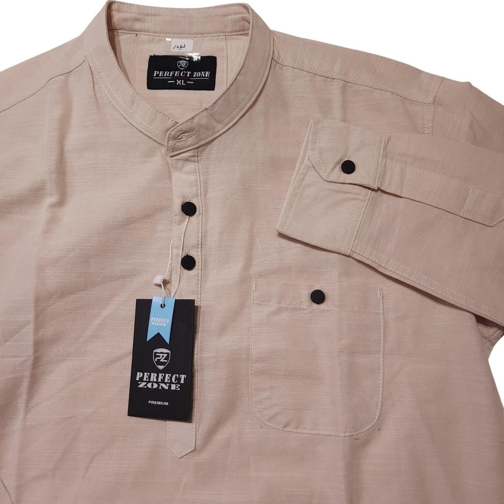 Perfect Zone Shirt Mens XL Beige Solid Long Sleeve Band Collar Button Casual
